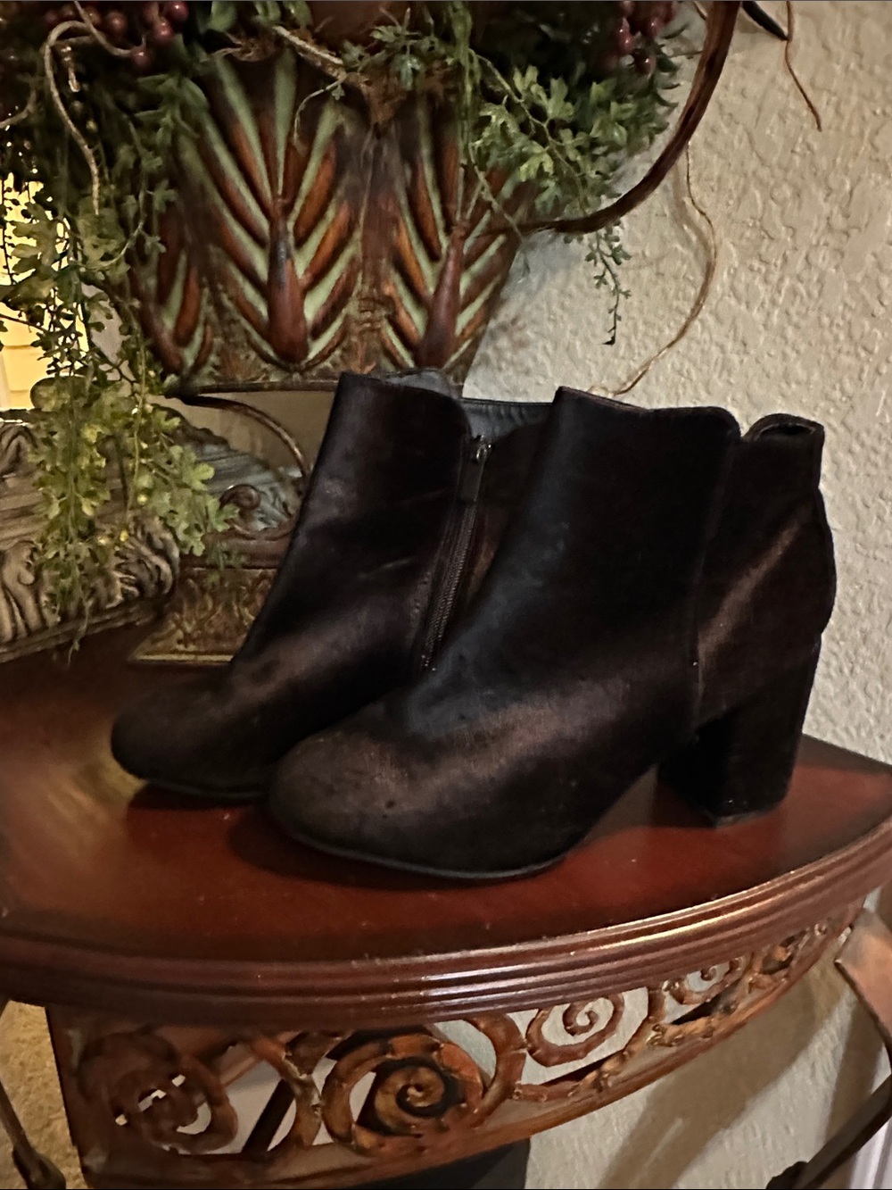 Bamboo Women’s Black Velvet Ankle Boots with Block Heel